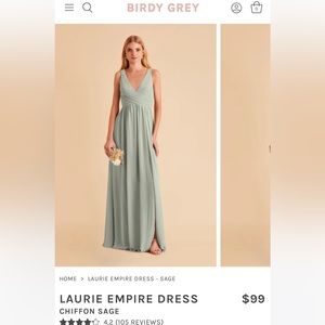 BIRDY GREY! Laurie Empire Chiffon Sage bridesmaid dress - Size Small